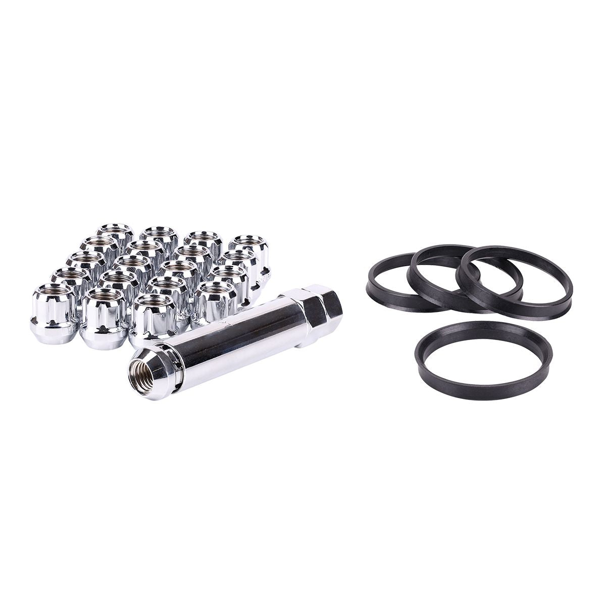 Complete Wheel Kits • Open End Spline Drive Lug Nuts | Hub Rings | Key • 20 Nuts • Chrome • Conical • 9/16