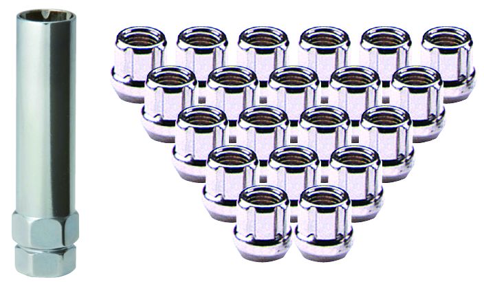 Lug Nut Kits • Open End Spline Drive Lug Nuts & Key • 20 Nuts • Zinc • Conical • 1/2